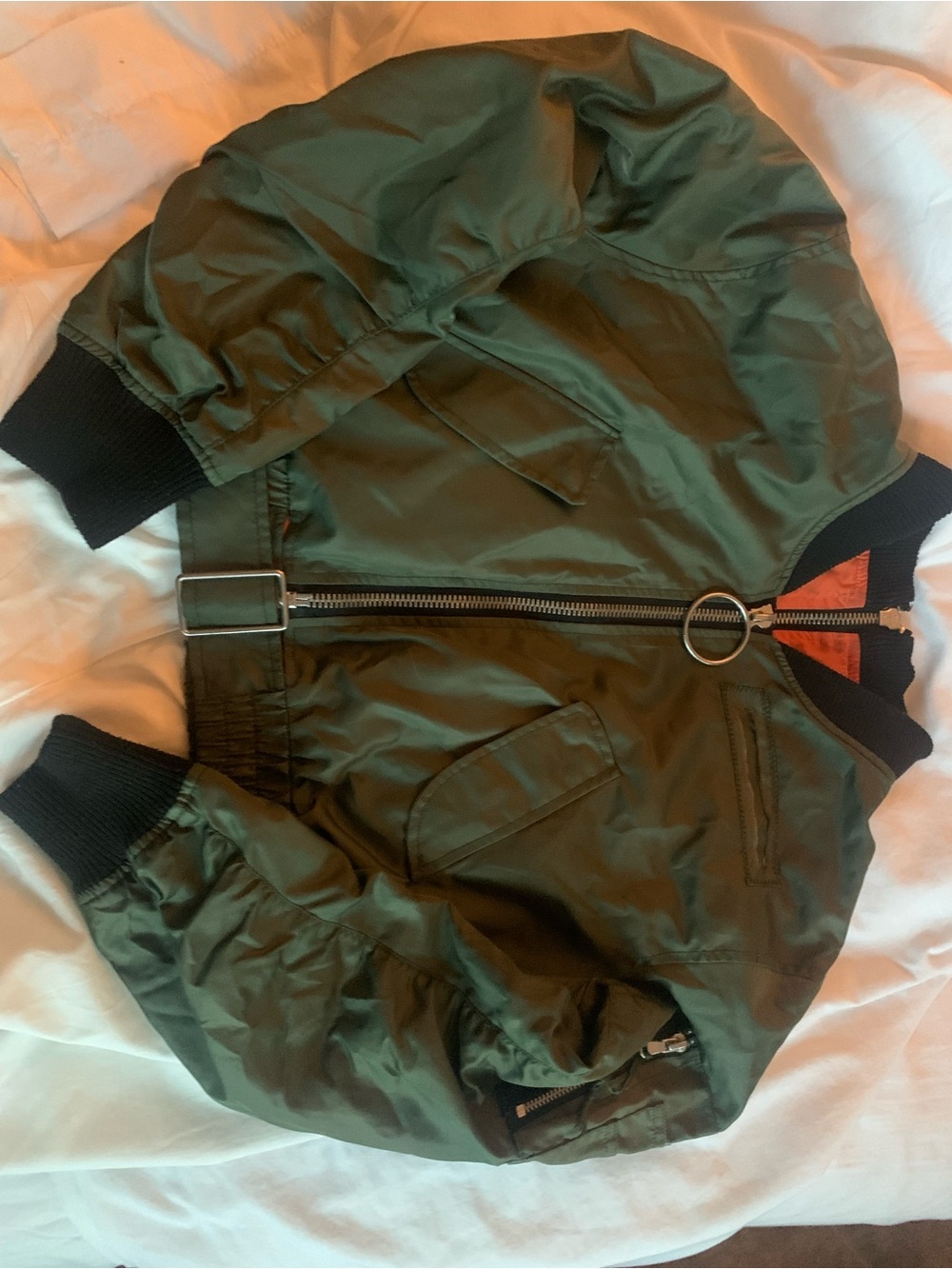 Zara Woman Olive Green Bomber Jacket with Zipper down back- S